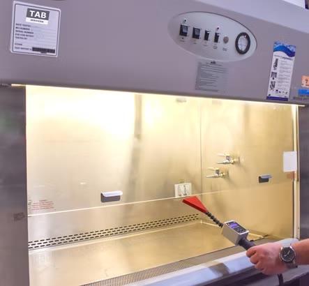 Biological safety cabinet and fume hood testing in a laboratory